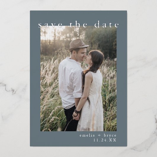 EMELIA Silver Foil Navy Blue Wedding Save the Date Folieneinladung (Vorderseite)