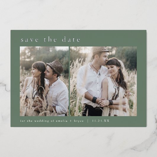 EMELIA Silver Foil Sage Wedding Save the Date Folieneinladung (Vorderseite)