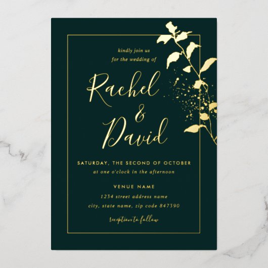Emeral Green Gold Floral Wedding Foil Einladung (Vorderseite)
