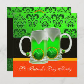 EMERAL GREEN WHITE DAMASK, KLEEBLATT, Schwarz Oran Einladung (Vorne/Hinten)