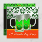 EMERAL GREEN WHITE DAMASK, KLEEBLATT, Schwarz Oran Einladung (Vorne/Hinten)