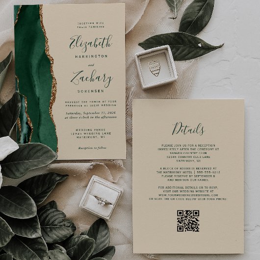 Emerald-Achat-Champagner-QR-Code-Hochzeit Einladung