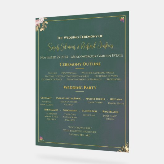 Emerald Acrylic Wedding Program - Minimalistisch L Acrylschild (Winkel)