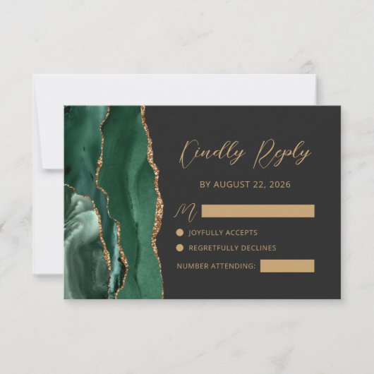 Emerald Agate Gold Calligraphy Script Wedding RSVP Karte (Vorderseite)