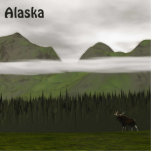 Emerald Alaska Freistehende Fotoskulptur<br><div class="desc">Ein "primitives" oder volkstümliches digitales Bild von grünen Nadelbäumen und Bergen in Alaska an einem sehr grauen und bewölkten Tag. Ein BullenElch (Alces alces) im Vordergrund verleiht der Szene eine Skala. Auch "Alaska" erscheint als anpassbarer Text.</div>