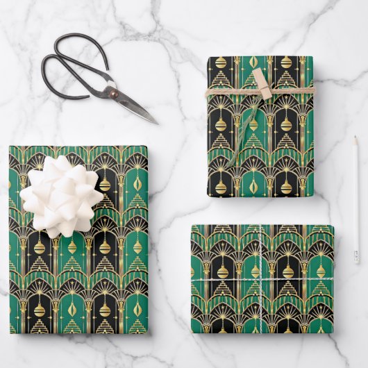 Emerald and Black Art Deco Holiday Pattern Geschenkpapier Set (Vorderseite)