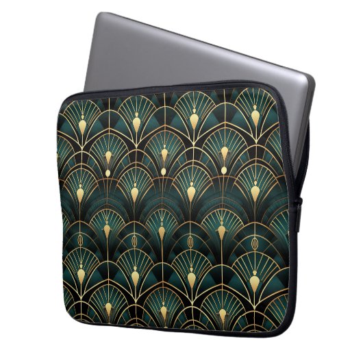 Emerald and Gold Art Deco Gemustert Laptopschutzhülle (Vorderseite Links)