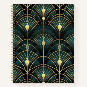 Emerald and Gold Art Deco Gemusterte Spirale Notizblock