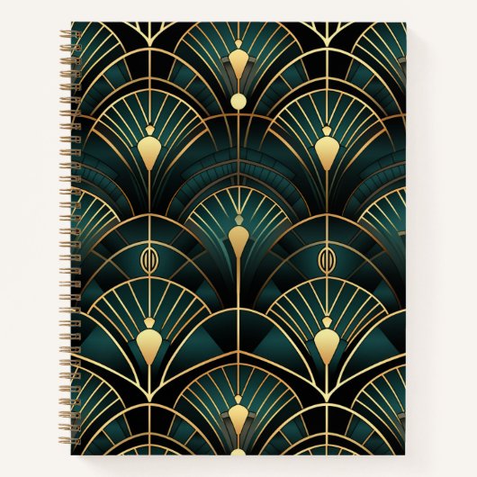 Emerald and Gold Art Deco Gemusterte Spirale Notizblock (Vorderseite)