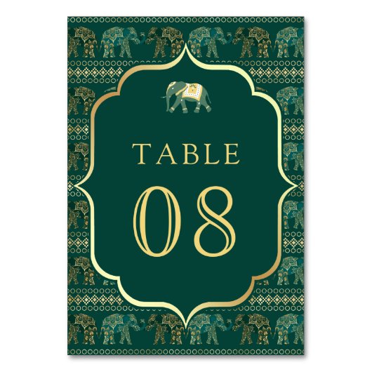 Emerald and Gold Elephant Indian Wedding Tischnummer (Rückseite)