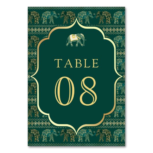 Emerald and Gold Elephant Indian Wedding Tischnummer (Vorderseite)