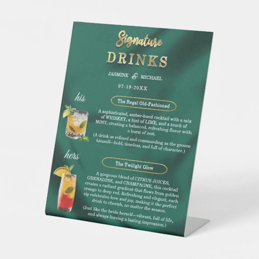 Emerald and Gold Minimal Wedding Signature Drinks Sockelschild (Vorderseite)