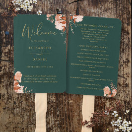 Emerald and Gold Rustic Floral Wedding Program Fächer