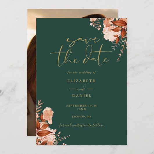 Emerald and Gold Rustikale Foto Hochzeit im Herbst Save The Date (Vorne/Hinten)
