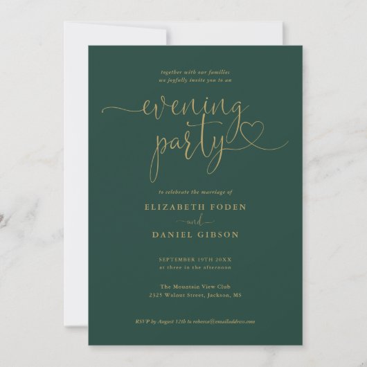 Emerald and Gold Script Wedding Abend Party Einladung (Vorderseite)