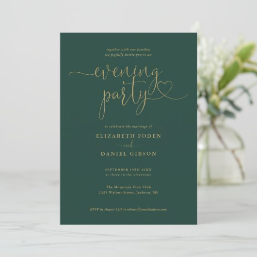 Emerald and Gold Script Wedding Abend Party Einladung (Stehend Vorderseite)