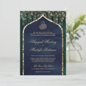 Emerald and Navy Gold Glitzer Arch Muslim Wedding Einladung (Stehend Vorderseite)
