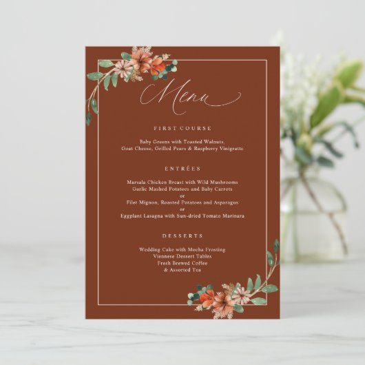 Emerald and Rust Burnt Orange Greenerenerity Weddi Menükarte (Stehend Vorderseite)