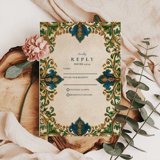 Emerald Baroque Islamic Wedding RSVP Karte