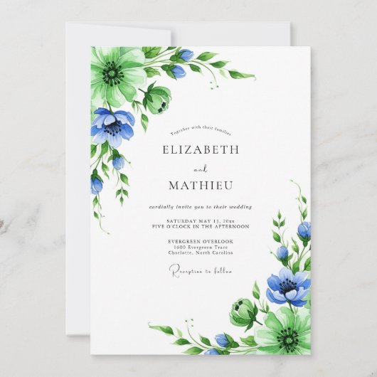 Emerald Blue Botanical Spring Wedding Einladung (Vorderseite)