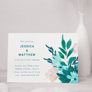 Emerald Blue Watercolor Floral Minimalist Wedding Einladung