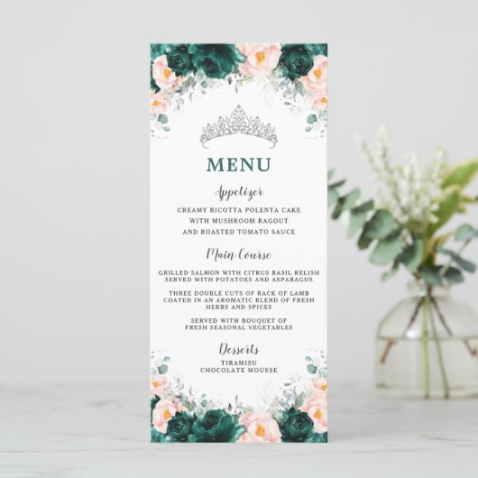 Emerald Blush Floral Princess Quinceañera Menü Programm (Stehend Vorderseite)