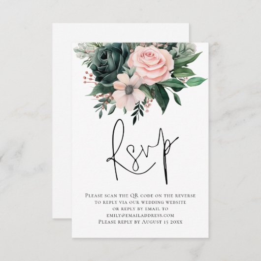 Emerald Blush Florals Script QR Code Wedding RSVP (Vorne/Hinten)