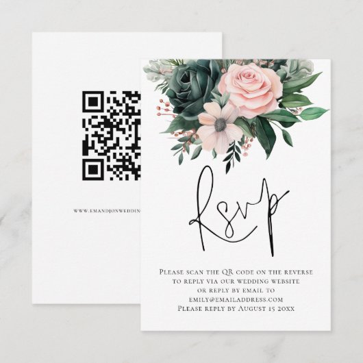 Emerald Blush Florals Script QR Code Wedding RSVP Karte (Vorne/Hinten)