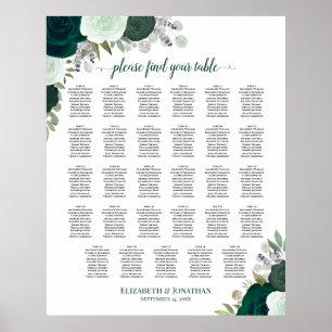 Emerald Boho Floral 29 Table Wedding Seating Chart Poster