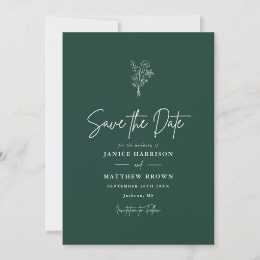 Emerald Boho Minimalistisch Botanicals Wedding Save The Date (Vorderseite)