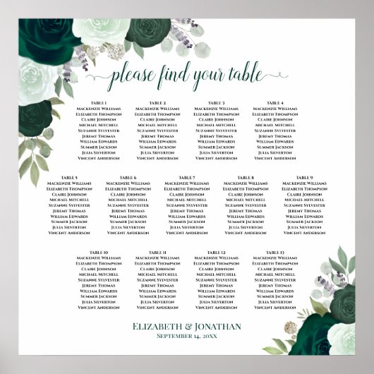 Emerald Boho Rose 13 Tabelle Seating Chart Poster (Vorne)