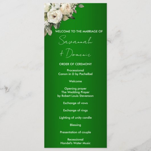 Emerald Boho White Roses Wedding Program Programm (Vorderseite)