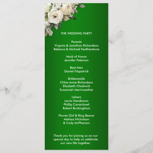 Emerald Boho White Roses Wedding Program Programm (Rückseite)