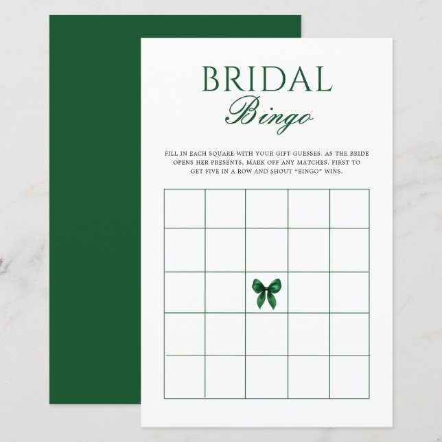 Emerald Bow Bridal Shower Bingo Game (Vorne/Hinten)