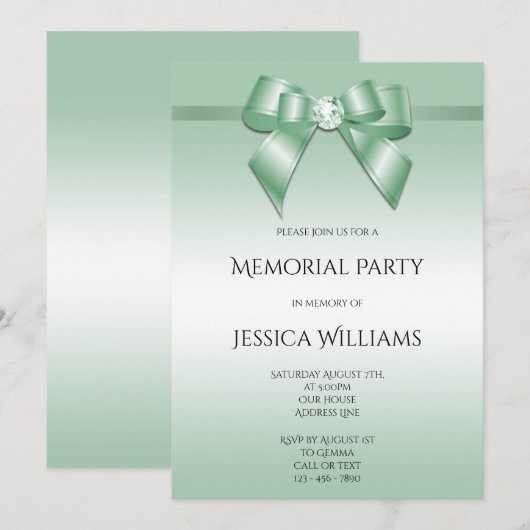 Emerald Bow & Ribbon Memorial Party Einladung (Vorne/Hinten)