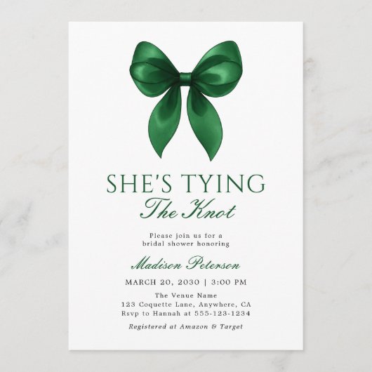 Emerald Bow She's Tying the Knot Bridal Shower Einladung (Vorderseite)