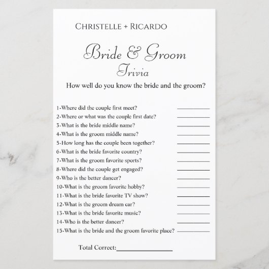 Emerald Bridge & Groom Trivia Brautparty (Vorderseite)