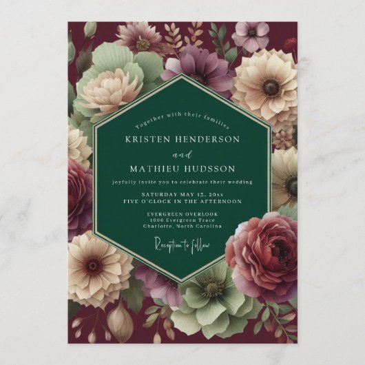 Emerald Burgundy Dramatic Bloom Wedding Einladung (Vorderseite)