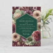 Emerald Burgundy Dramatic Bloom Wedding Einladung (Stehend Vorderseite)