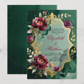 Emerald Burgundy Floral Glitter Wedding Invitation Einladung (Vorne/Hinten)