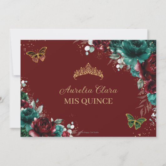 Emerald Burgundy Floral Quinceañera 16 . Geburtsta Save The Date (Rückseite)