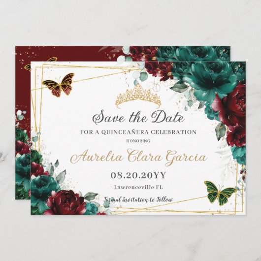Emerald Burgundy Floral Quinceañera 16 . Geburtsta Save The Date (Vorne/Hinten)