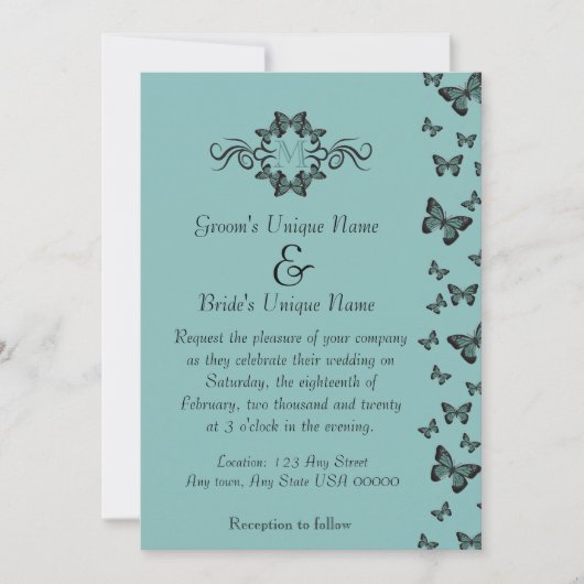Emerald Butterflies Monogram Wedding Einladung (Vorderseite)