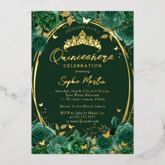 Emerald Captivating Floral Butterfly Quinceanera Folieneinladung