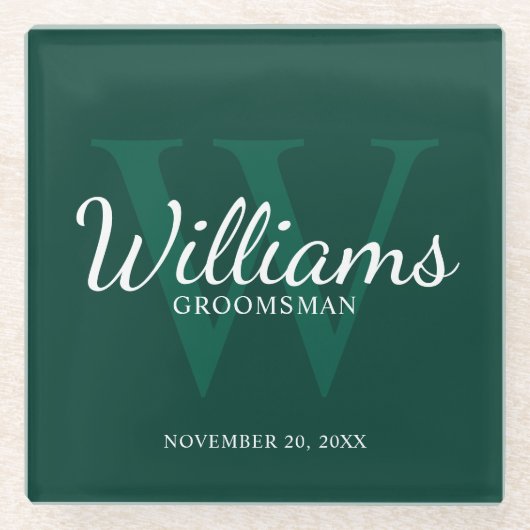 Emerald Classic Script Personalisierte Trauzeugen Glasuntersetzer (Vorderseite)