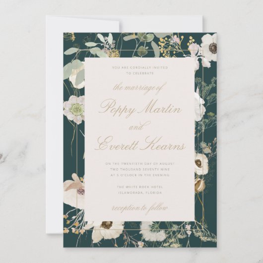 Emerald & Cream Floral Poppy Wedding Invitation Einladung (Vorderseite)