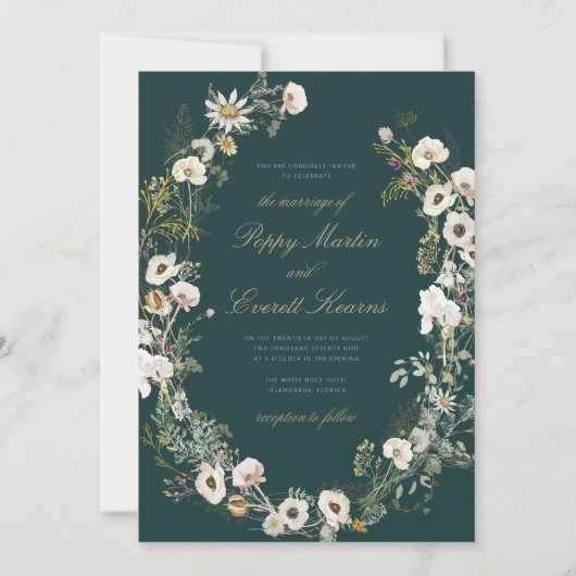 Emerald & Cream Floral Poppy Wedding Invitation Einladung (Vorderseite)
