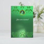 EMERALD DAMASK GEM STONE MONOGRAM grün Einladung (Stehend Vorderseite)