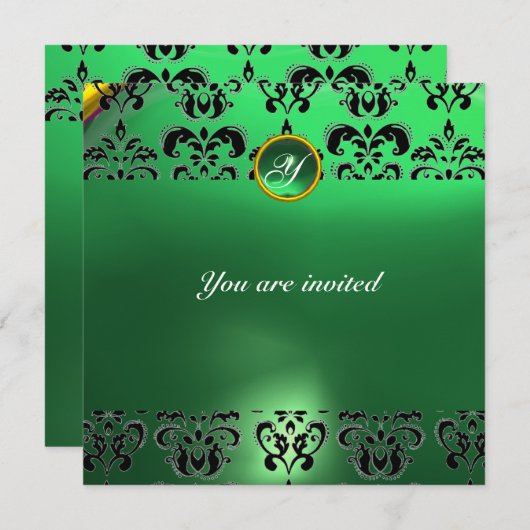 EMERALD DAMASK GEM STONE MONOGRAM grün Einladung (Vorne/Hinten)