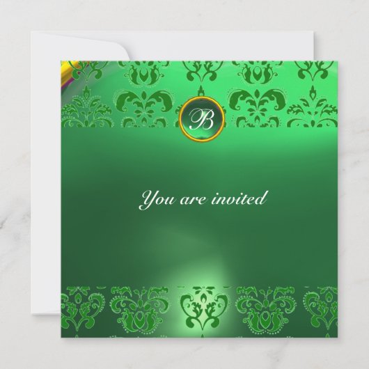 EMERALD DAMASK GEM STONE MONOGRAM grün Einladung (Vorderseite)
